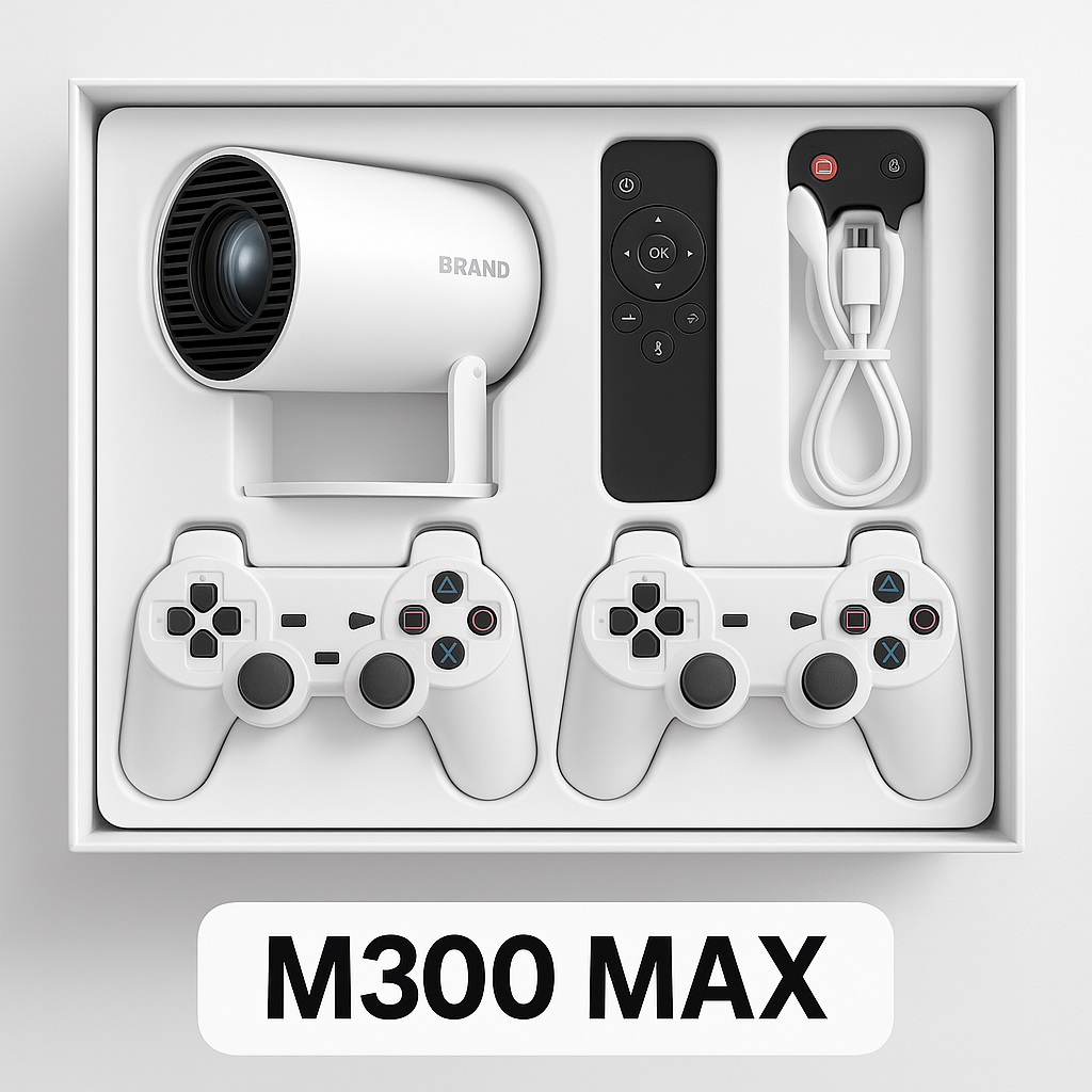M300 MAX - Contenido completo de la caja: proyector, 2 mandos, mando a distancia, receptor y cable